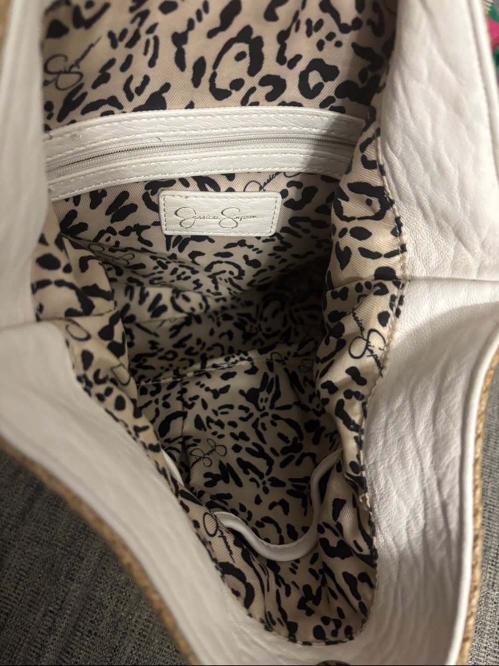 Jessica Simpson Natural Straw Shoulder Bag with White Trim and Gold Accents - Picture 3 of 3
